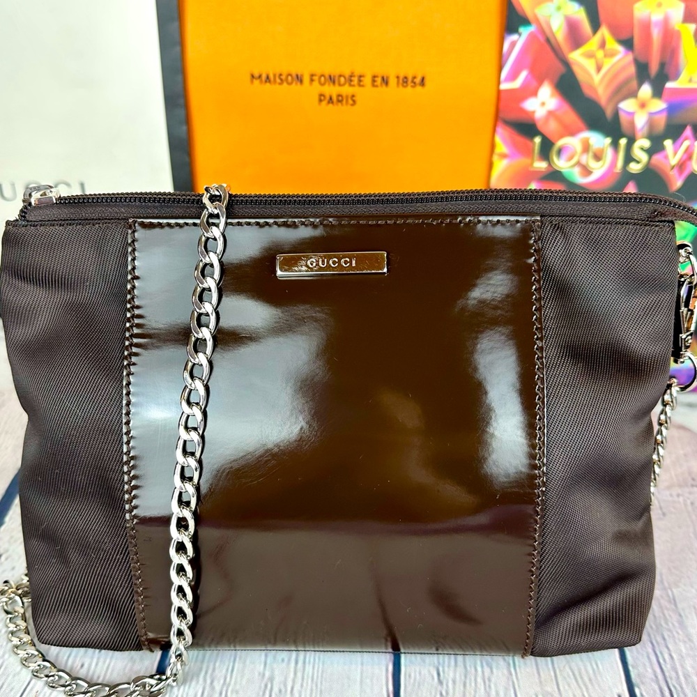 Gucci Brown Patent and Nylon Crossbody with Silver Chain Strap